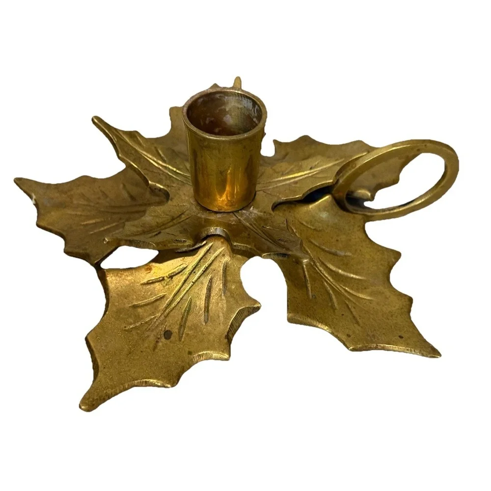 Vintage Solid Brass Holly Leaf Candlestick Holder Ring Handle Christmas‎ MCM